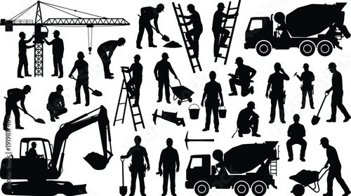 Construction worker silhouette set, building site machinery, excavator crane truck, industrial workers, contractor labor, heavy equipment, civil engineering project, masonry tools.