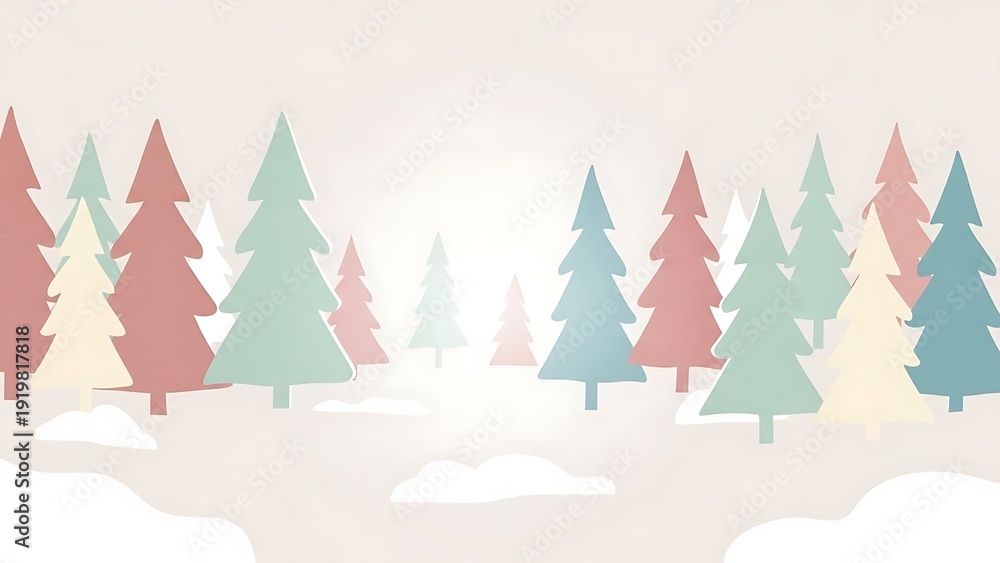 Fototapeta premium A serene Christmas forest landscape with snow-covered trees in pastel hues viewed from a distance