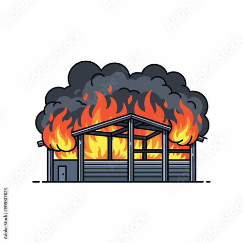 A burning building with large flames and smoke