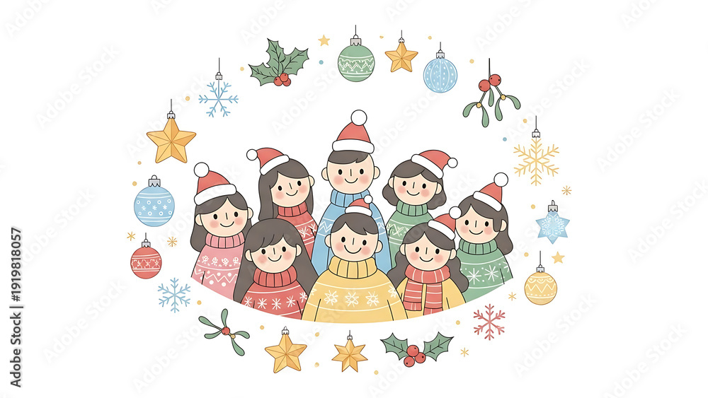 Naklejka premium A joyful group of children wearing Santa hats and winter sweaters, surrounded by Christmas ornaments and festive decorations in a circular frame.