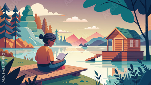 Ojibwe Lakeside Reading Scene Vector – Indigenous Everyday Summer Moment