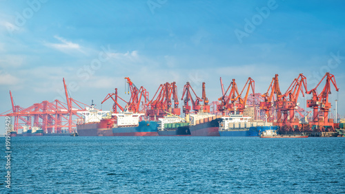Cargo Ships and Cranes at Commercial Port