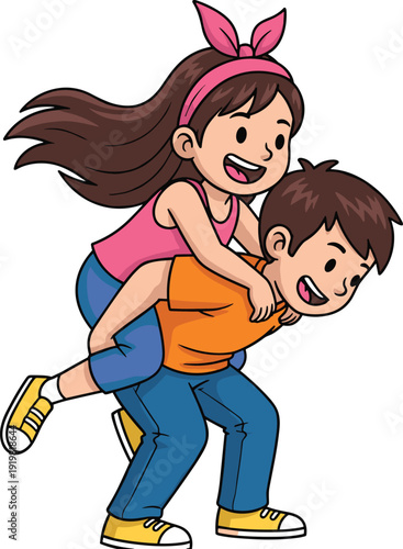 Happy cartoon boy giving a joyful girl a piggyback ride, featuring flat vector art style, childhood friendship, and playful siblings.
