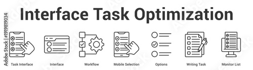 Interface Task Optimization web banner icon set vector illustration concept for business with icon of Task Interface, Interface, Workflow, Mobile Selection, Options, Writ.