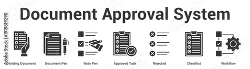 Document Approval System web banner icon set vector illustration concept for business with icon of Holding Document, Document Pen, Note Pen, Approved Ta.