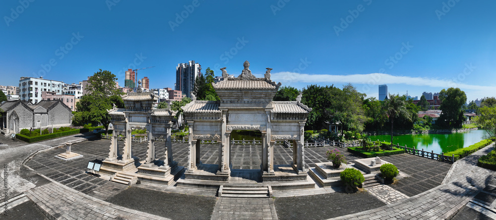 Obraz premium Aerial photo of Chen Fang's Former Residence in Meixi memorial&nbsp;archway Tourist Area, Zhuhai