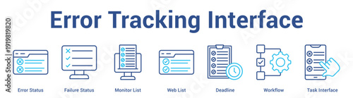 Error Tracking Interface web banner icon set vector illustration concept for business with icon of Error Status, Failure Status, Monitor List, Web List, Deadli.