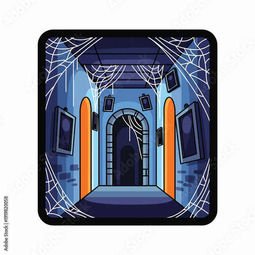 A dark blue hallway with cobwebs and portraits