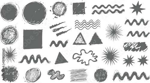 Described features a diverse collection of hand-drawn graphic elements rendered in a grayscale color scheme.