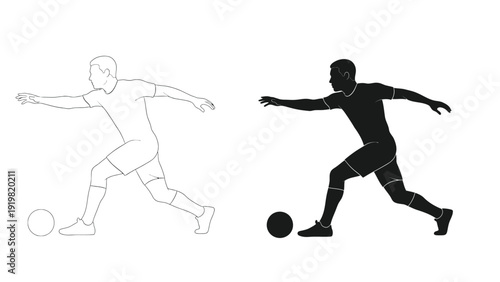 Silhouette and outline of a male soccer player kicking a ball, vector illustration of a football athlete in action