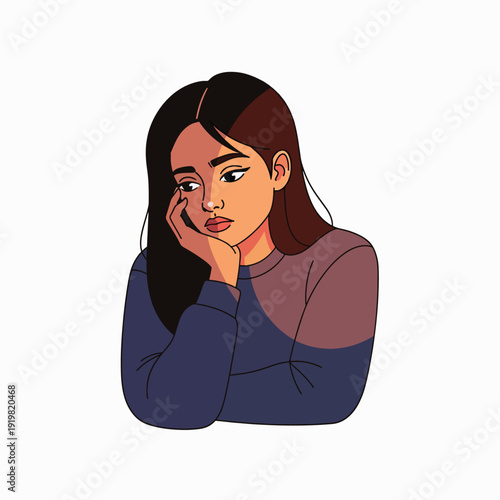 A woman with long dark hair and a contemplative expression