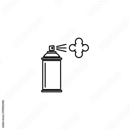 A simple line drawing of a spray can releasing a cloud of spray from its nozzle