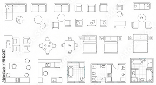 Interior Design Floor Plan Furniture Symbols – Thin Line Architectural Top View Icons for Home Blueprint Projects