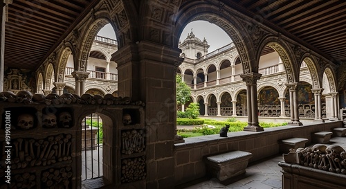 Ornate stone cloister frames a historic courtyard featuring ossuary decorations and a small black feline