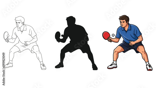 Table tennis player serving or hitting ball in action pose, set of three variations outline sketch, silhouette and full color illustration