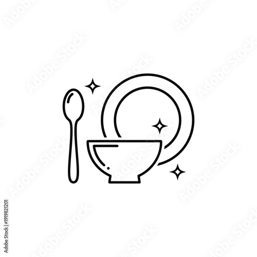 Simple line illustration of a bowl and spoon on a plate with sparkles
