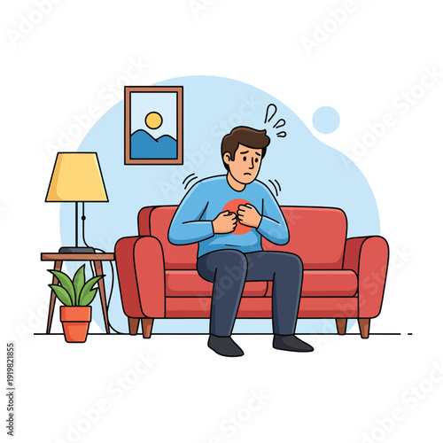 A man clutching his chest in pain on a red sofa