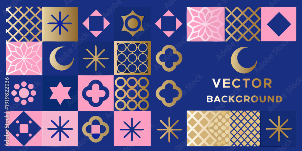 Fotografie Geometric patterns in pink blue and gold create a vibrant backdrop