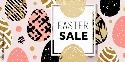 Festive easter eggs and a sale announcement on a patterned background