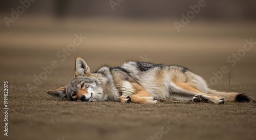 A wild coyote lying motionless on the ground in an open field during the day