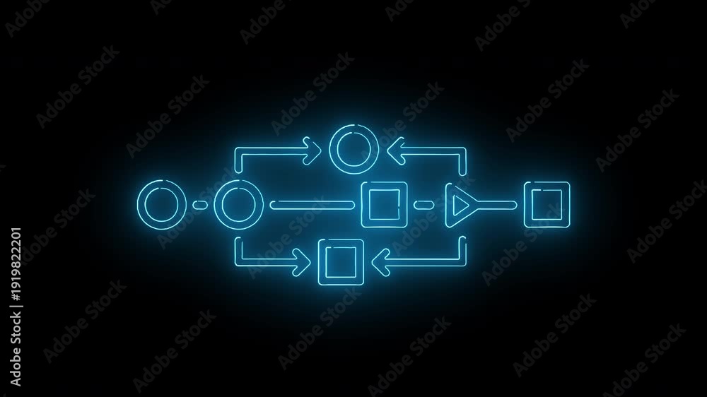 Neon blue flowchart diagram on a black background with glowing lines ...