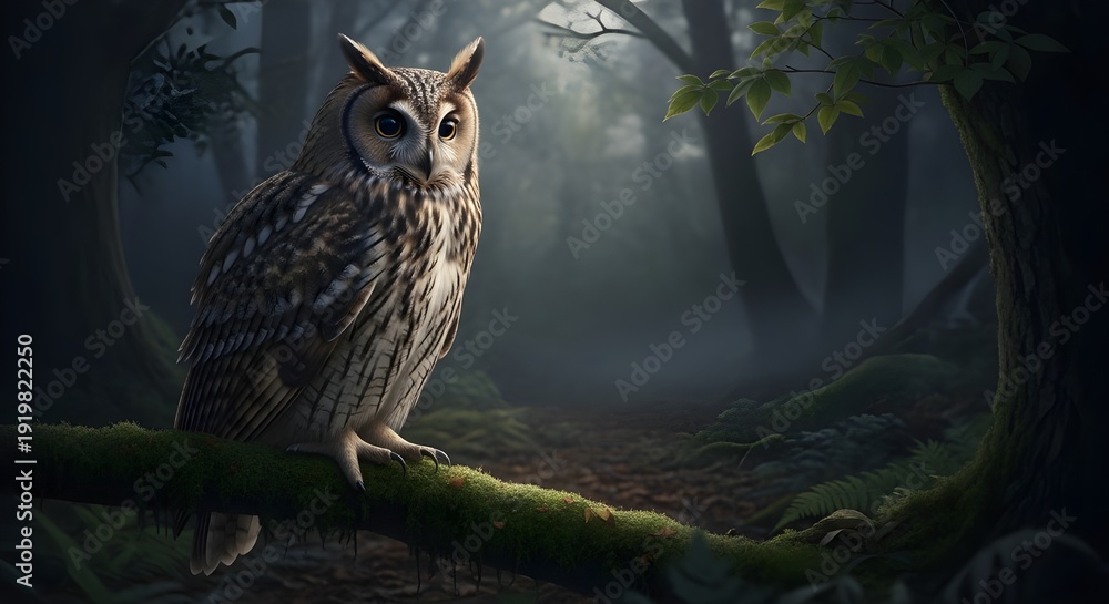 Obraz premium Mystical owl perched on a mossy branch in a foggy woodland, evoking mystery, nocturnal wildlife, and enchanted forest ambiance.
