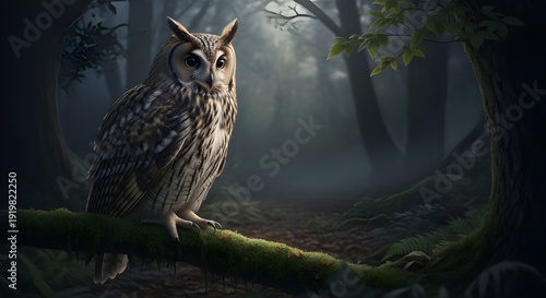Mystical owl perched on a mossy branch in a foggy woodland, evoking mystery, nocturnal wildlife, and enchanted forest ambiance.