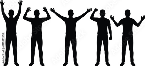 Successful men silhouette with hands up, celebrating people group, winner achievement pose, happy person set, victory joy celebration, excited crowd characters.