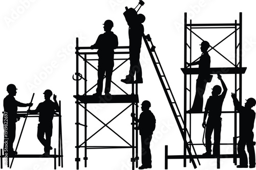 Construction worker silhouettes assembling scaffolding towers, industrial builders performing maintenance and repair at height with ladder and tools, black vector illustration isolated on white backg