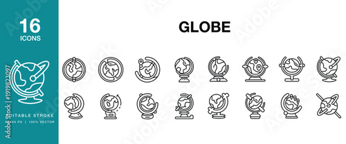 Globe icon set. Includes globe, earth, world, planet, map, geography and More. Editable Stroke Icon Collection.
