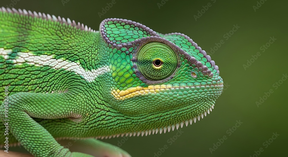 Fototapeta premium Close-up of a vibrant green chameleon's head with striking detail and textured skin
