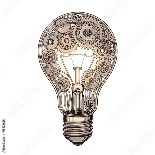 Intricate light bulb with mechanical gears and cogs inside.