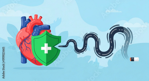 Heart with green medical shield protecting against cholesterol and disease on a blue background with clouds