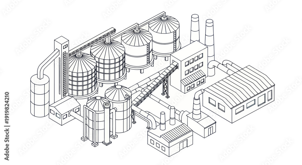 Fototapeta premium Industrial Factory Complex Isometric Outline Drawing.