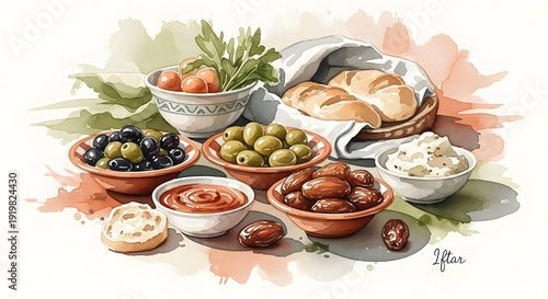 Watercolor Painting of a Mediterranean Appetizer Spread with Olives and Bread.