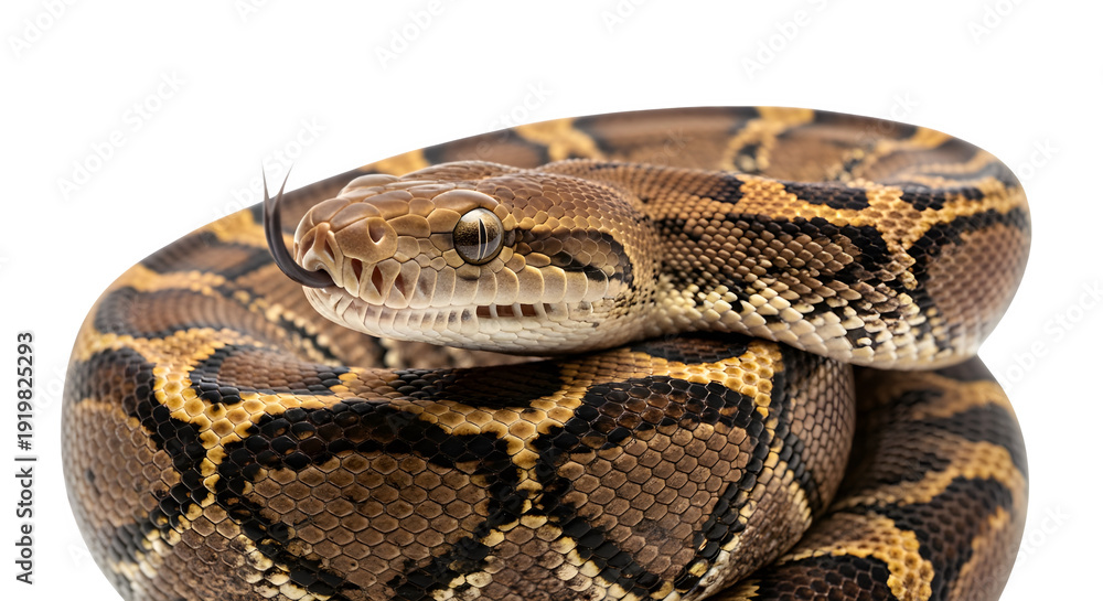 Fototapeta premium Close-up of a python's head and body, curled up and looking forward