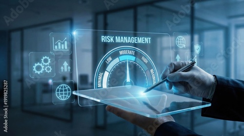 Business analyst optimizing digital risk management strategy with interactive dashboard, analytics graphs, and KPI monitoring in modern office for operational resilience and compliance