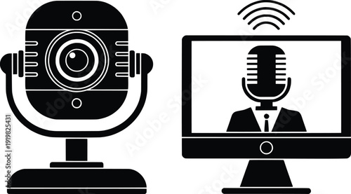 Black and white illustration of a webcam and a person on a computer screen
