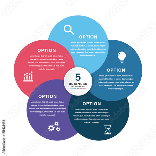 5 Segment Circular Business Infographic Design with Color Coded Options and Icons for Corporate Strategy, Marketing Analysis, Workflow Planning, Innovation Concepts, and Data Visualization