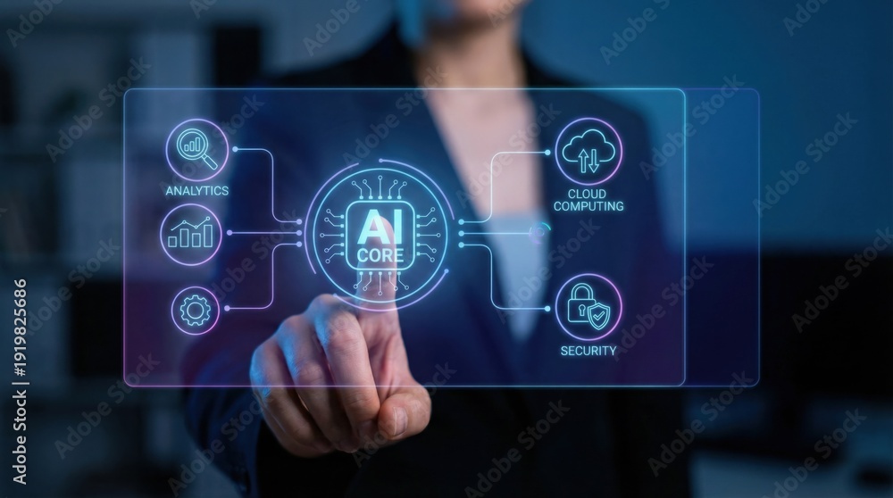 Obraz premium Business Professional Interacting with AI Core Interface Utilizing Analytics, Cloud Computing, and Security Visualization for Digital Transformation and Data Optimization
