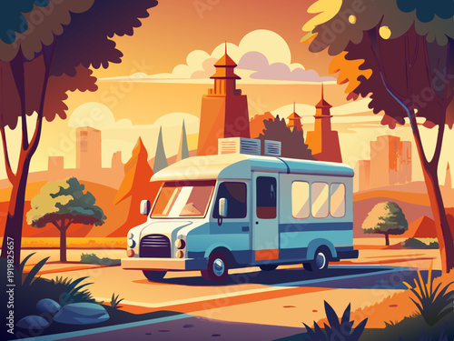 colorful illustration of a Classic Ice Cream Truck Near Green City Park