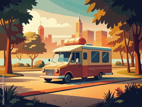 colorful illustration of a Retro Ice Cream Truck Under Warm Sunlight