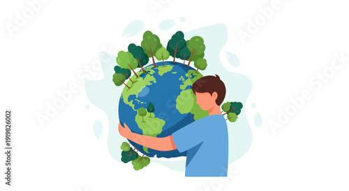 Man holding green Earth with trees growing around it, symbolizing environmental care and protection.