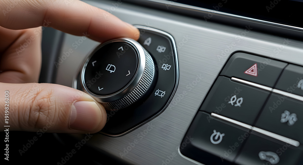 Obraz premium Close-up of a persons finger adjusting a cars infotainment system dial.