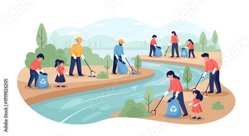 Community volunteers participating in a riverbank cleanup event, collecting trash and promoting environmental conservation
