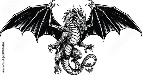 A mythical dragon with wings spread wide in a striking pose