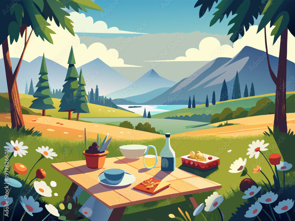 Obraz premium colorful illustration of a Peaceful Picnic in Sunlit Meadow with Summer Flowers