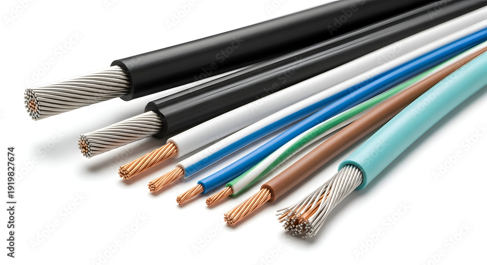 Fototapeta premium Close-up of various electrical wires and cables with exposed copper and insulation.