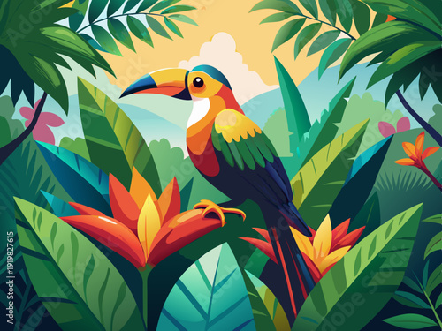 colorful illustration of a Bright Tropical Bird Among Exotic Flowers