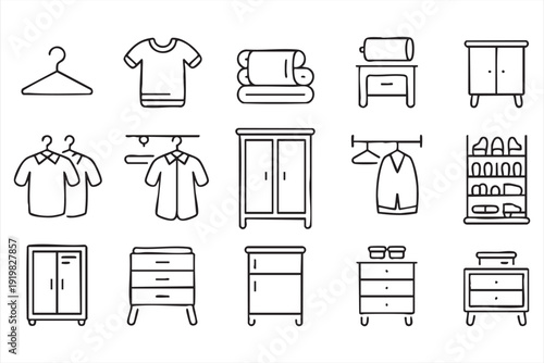 Wardrobe and Closet Storage Line Icons for Home Organization Design